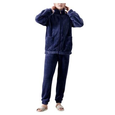 Imagem de Conjunto de pijama masculino de flanela de cor sólida, conjunto de pijama com zíper, conjunto de 2 peças, Azul, XXG