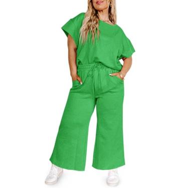 Imagem de Imily Bela Conjunto feminino plus size de 2 peças, blusa de manga curta e calça de perna larga, conjunto casual combinando, Verde, XX-Large