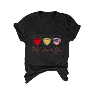 Imagem de Camiseta feminina de 4 de julho com bandeira dos EUA, taças de vinho, estampadas, gola redonda, manga curta, camiseta de verão, Preto, XXG
