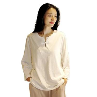 Imagem de LUANLE Camiseta feminina com botões chineses soltos e cor sólida de algodão manga sete pontos, Branco marfim, G