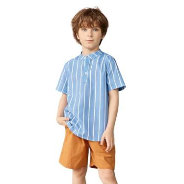 Imagem de Arshiner Conjunto de 2 peças de linho de algodão para meninos camisas Henley manga curta shorts de praia roupas de verão para crianças de 5 a 12 anos, Listrado azul e cáqui, 6 (5-6Years)