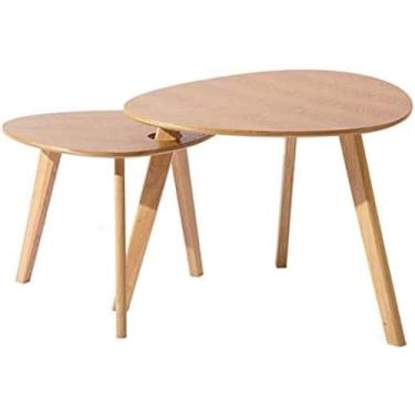 Imagem de Mesa de centro de três pernas de madeira maciça Mesa de centro triangular Mesa lateral criativa Conjunto de 2 peças branco/cor de madeira maciça/cor de nogueira, natural