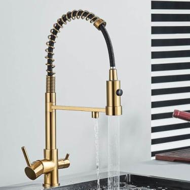 Imagem de Torneira de cozinha com filtro retrátil, preta, para água potável, torneiras de latão, 360°, flexível, purificação, misturador de água, ouro escovado