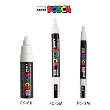 Imagem de Kit 3 Posca Branco Pc-3m Pc-5m Pc-8k - UNI