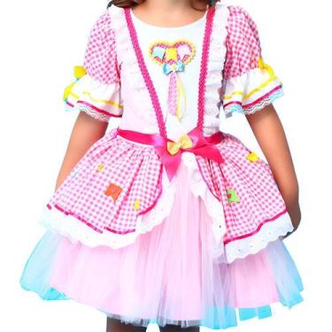 Imagem de Vestido Junino Infantil Xadrez Rosa Com 2 Chapéu Caipira de Luxo pra M