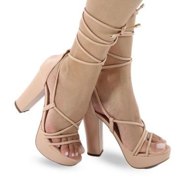 Imagem de Sandália Feminina Meia Pata Salto Grosso Amarração P55 - Re&Ton, Nude,