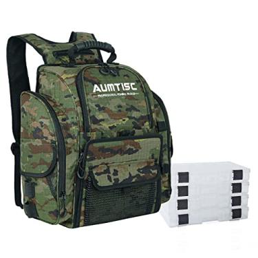 Imagem de AUMTISC Mochila masculina com 4 caixas de equipamento, 2 suportes para varas, capa de chuva, bolsas grandes para equipamentos de pesca para acampamento, caminhada