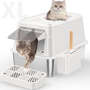 Imagem de URPOWER Caixa de areia para gatos de aço inoxidável com tampa, caixa de areia fechada extra grande para gatos, bandeja de areia de metal não pegajosa, caixa de areia de gatinho com colher, entrada