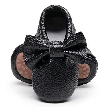 Imagem de HONGTEYA Mocassins de couro para bebês e bebês com sola rígida e borla, Laço preto, 6-12 Meses
