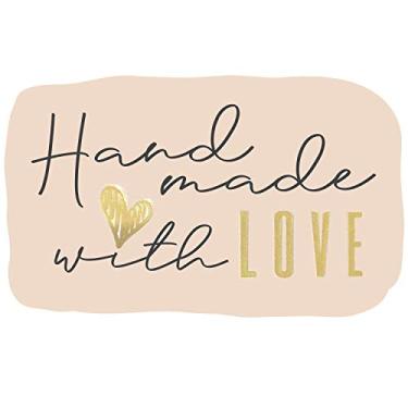 Imagem de 300 adesivos feitos à mão com amor em folhas | Tamanho de corte especial de 4,4 cm x 7 cm | Design de forma típica com folha dourada e fundo pêssego claro | Altamente recomendado para proprietários de