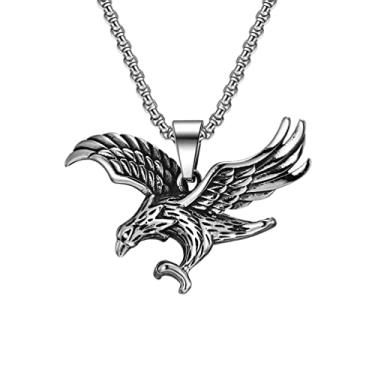 Imagem de JAJAFOOK Colar masculino gótico tribal de aço inoxidável com pingente de águia falcão, corrente de 50,8 cm, prata com preto, Aço inoxidável, Zircônia cúbica