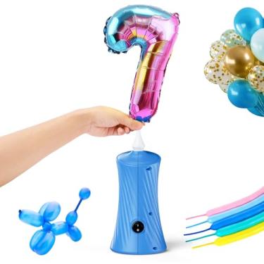 Imagem de Máquina de soprar balão elétrico com bomba de balão, máquina sopradora portátil de balão de alumínio longo azul 110-120V 30W bomba de balão elétrico inflador para festa/casamento/decorações de