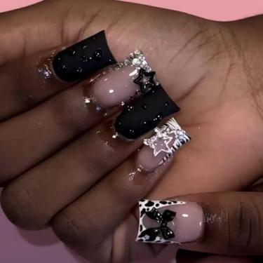 Imagem de RIICFDD Unhas De Pato Press On Wide French Tip Press On Nails Com Desenhos De Bico De Pato Unhas Postiças Estampa De Leopardo Preta Unhas Coladas Unhas Com Laço De Estrela Unhas Postiças Com Glitter