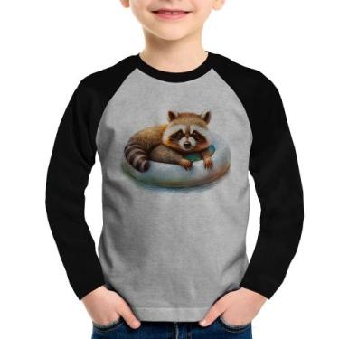 Imagem de Camiseta Raglan Infantil Panda Vermelho Relaxando Na Piscina Manga Lon
