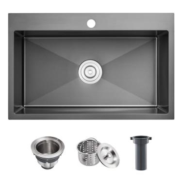 Imagem de POPFLY Pia de cozinha, 71 cm x 50 cm de altura, calibre 18, feito à mão, SUS 304, aço inoxidável, 23 cm de profundidade, pias de cozinha, preta