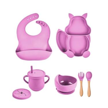 Imagem de Kit 7 Alimentação De Bebe Prato Silicone Infantil Babador (Rosa)