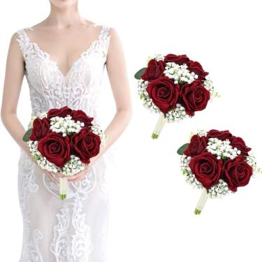 Imagem de Conjunto de 2 buquês artificiais de dama de honra – buquê de seda bordô rosa branco para bebês, 17,8 cm, buquê de noiva para casamento, chá de panela, decoração de aniversário de cerimônia
