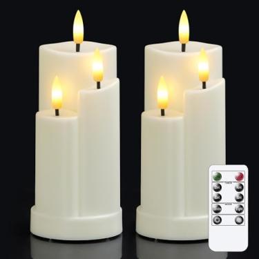 Imagem de Wroxipel 2 velas de plástico marfim de LED sem chamas com 3 pavios com controle remoto, 7,6 cm x 15,2 cm operado por bateria cintilante quente ciclo de luz temporizadora pilar velas para decoração de