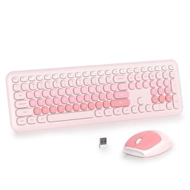 Imagem de iRoboosta Conjunto de teclado e mouse sem fio colorido rosa, teclado de máquina de escrever retrô de 2,4 GHz, teclado fofo de tamanho completo com teclado numérico, teclados silenciosos para casa e