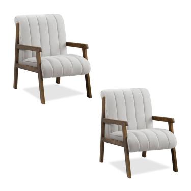 Imagem de Poltrona Decorativa Sala Base de Madeira kit 2 Daline Bouclê Cinza Claro E03 - D`Rossi