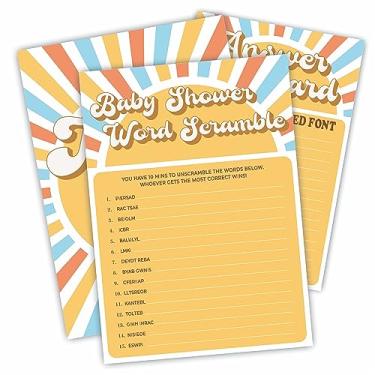 Imagem de Conjunto de jogo Scramble de palavras para chá de bebê - Kit de jogo de chá de bebê retrô com tema de sol, revelação de gênero, lembrancinhas e suprimentos de festa de anúncio de bebê (pacote com 30