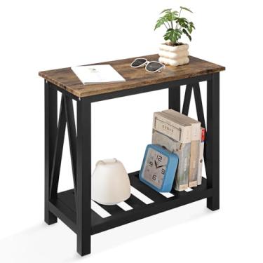 Imagem de Mesa lateral estreita retangular com prateleira de armazenamento, mesas-de-cabeceira industriais pequenas para pequenos espaços, sala de estar, quarto, banheiro, mesa lisa marrom e pernas pretas