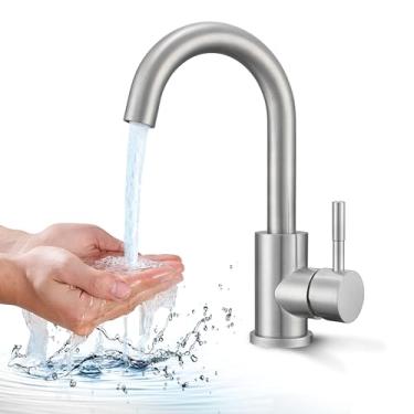 Imagem de Torneira de cozinha de banheiro níquel escovado, pré-molhado pequena mini cozinha banheiro utilidade torneira marinha, torneira de pia de bar furo único aço inoxidável casa de fazenda vaidade