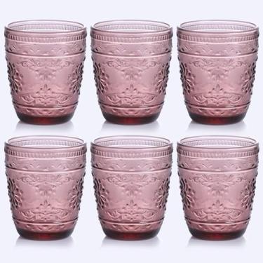 Imagem de abrwyy Conjunto de 6 copos de vidro roxo, copos de 290 ml, copos de vidro resistentes roxos, conjunto de copos coloridos, conjunto de copos em relevo para festa, casamento, casa, escritório, presente