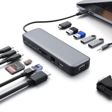 Imagem de Estação de ancoragem USB C para laptop, monitor duplo, adaptador multiportas 14 em 1 com HDMI 4K, VGA, 8 portas USB C/A, carregamento rápido PD de 100 W, áudio e microfone, SD e TF, dongle USBC para