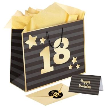 Imagem de Sumerk Conjunto de sacolas de presente grande de 33 cm, bolsa de presente de aniversário de 18 anos, 3 peças de papel de embrulho dourado, 2 adesivos de 18 anos, cartão de aniversário com envelope