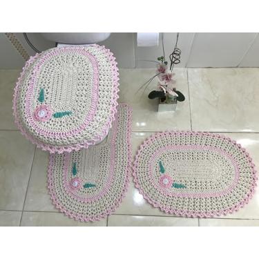 Imagem de Jogo de Tapete para Banheiro em Crochê 3 Peças com Aplicação (Rosa Bebê)