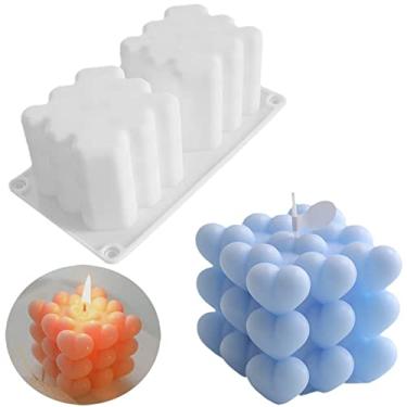 Imagem de LSLEVA Molde de vela de silicone em formato de cubo de bolha de coração com 2 cavidades, molde geométrico de bolha 3D faça você mesmo para fazer sabão de resina, moldes de coração sobrepostos para presentes de dia dos namorados, decoração de casa