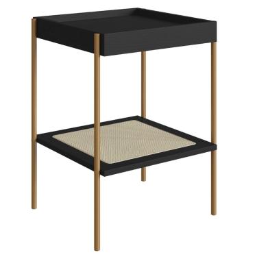 Imagem de Mesa Lateral De Apoio Oslo Artesano 43 Cm (largura) Mdp Nero Palha Sintética Bege Pé Metal Dourado