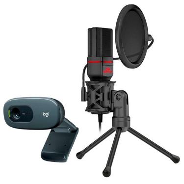 Imagem de Kit Stream Webcam Logitech C270 + Microfone Condensador Redragon Seyfert