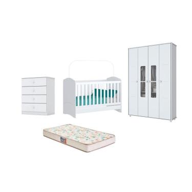 Imagem de Berço Bala de Menta, Cômoda Labirinto e Guarda Roupa Aquarela Branco e Colchão - FdECOR