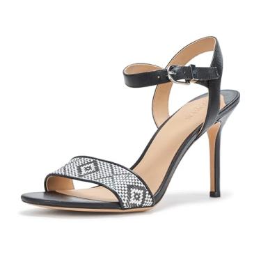 Imagem de Lauren Ralph Lauren Sandália feminina Gwen Napa de couro e palha tecida com salto, Preto/creme/preto, 35