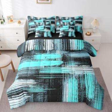 Imagem de Feelyou Conjunto de edredom e lençóis geométricos artísticos azuis, preto e cinza, 7 peças, arte de grafite abstrato, 7 peças, conjunto de cama em uma bolsa, conjunto de edredom e lençóis