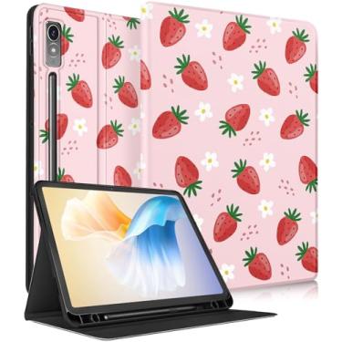 Imagem de LISEVO Capa para Lenovo P12, para Lenovo Xiaoxin Pad Pro 12,7 polegadas, capa fólio kawaii fofa com suporte para lápis, design semanal/sono automático para Lenovo Tab P12 12,7 polegadas 2023, morango