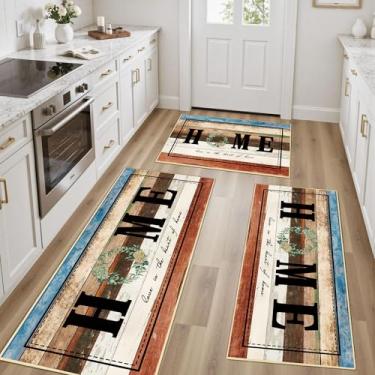 Imagem de Tritard Tapetes de cozinha 100% antiderrapantes, conjuntos de 3 tapetes de cozinha laváveis para fazenda, antiderrapante, tapete de cozinha rústico macio para lavanderia, pia, escritório, tijolo