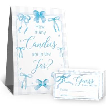 Imagem de Placa Guess How Many Candies (1 placa de pé - 50 cartões de adivinhação) Kit de cartões de atividades com tema de arco rosa para chás de bebê, festas de recém-nascidos, chá de panela, noivado, chá de