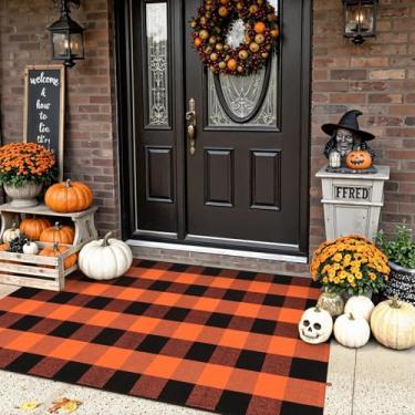 Imagem de Uphome Tapete xadrez Bufflo para ambientes externos, 9,5 x 1,5 m, tapete de porta frontal xadrez preto e laranja para decoração de outono, tapete de varanda de casa de fazenda para tapetes de porta em