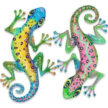 Imagem de Pipilily Pacote com 2 peças de arte de parede de lagartixa de metal, lagarto de metal, decoração de escultura para pendurar no jardim, quintal, sala de estar, quarto, pátio, varanda (estilo 4)