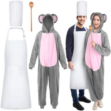 Imagem de Hillban 4 peças de acessórios de fantasia de chef de ratos para casal, chapéu de chef, avental de colher, macacão de rato para festa de cosplay de Halloween (GG)