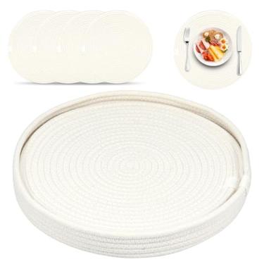 Imagem de Conjunto de 4 peças de jogo americano de algodão trançado com tigela com isolamento térmico, tapetes redondos trançados, tapetes de mesa antiderrapantes para mesa de jantar (bege)