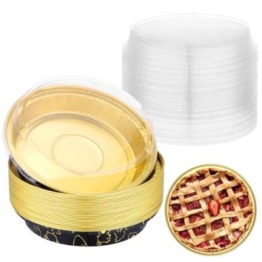 Imagem de EUSOAR Formas de alumínio com tampas, 25 peças de 283 g/275 ml, recipientes de bolo preto/dourado, forros de bolo, forros de bolo, folhas de ramequins, forros de cupcakes, pudim de pão, suportes