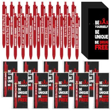 Imagem de Sayglossy Conjunto de 100 conjuntos de canetas de conscientização sobre drogas com fita vermelha, acessórios de caneta esferográfica, marcadores de página para arrecadação de fundos da semana com fita