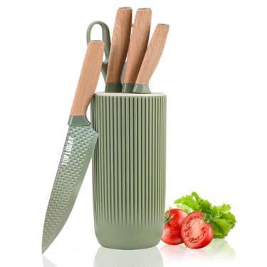 Imagem de Conjunto de facas de cozinha Retrosohoo Conjunto de 6 facas afiadas verdes para cozinha, conjunto de facas de chef de aço inoxidável antiderrapantes antiaderentes com bloco de facas universal