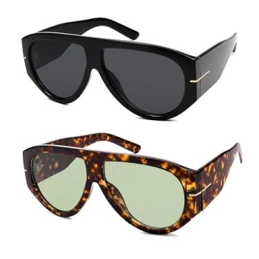 Imagem de HERJOUR Óculos de sol aviador retrô grandes femininos masculinos clássicos anos 70 AR82227, Preto + tartaruga/verde claro, M