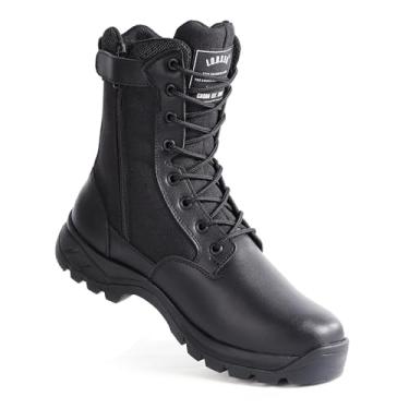 Imagem de IODSON Botas de trabalho táticas militares masculinas com zíper lateral, resistente a perfurações, combate no deserto, selva militar, botas de caminhada leves de 20 cm, Preto, 37