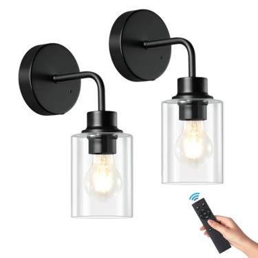 Imagem de Epinl Conjunto de 2 arandelas de parede operadas por bateria - Lâmpadas sem fio reguláveis para arandelas recarregáveis de parede conjunto de 2 com controle remoto, luzes de parede pretas alimentadas